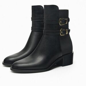 Zara Double Buckle Black Ankle Boots Size 8